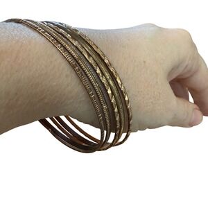 Vintage Mixed Metal Gold Tone Etched and Brown Resin Stackable Bangle Set 5pc